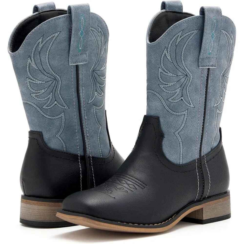 ⚡Girls Blue Black Embroidered Cowgirl Boots Western Square Toe Mid Calf